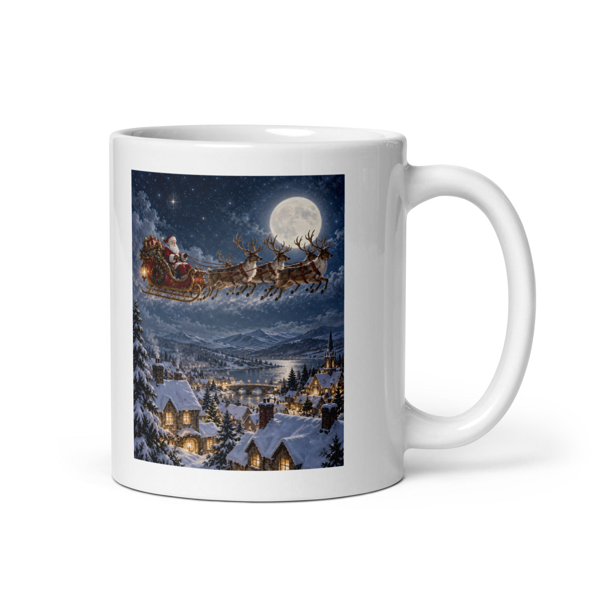 Weihnachtsschlitten über verschneiten Dächern – Tasse 11oz