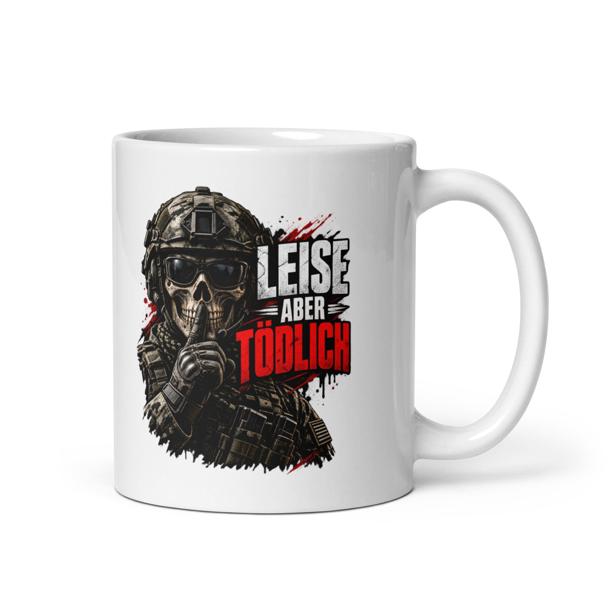 Soldat mit Totenschädel und Shushing-Geste – Tasse 11oz