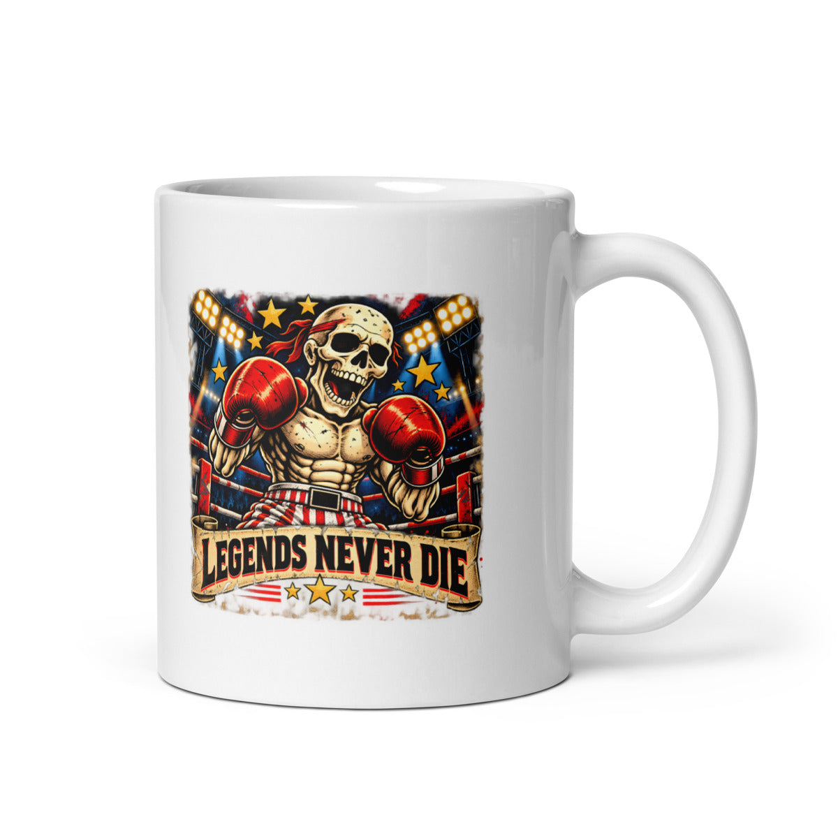 Boxskelett mit Schriftzug "Legends Never Die" – Tasse 11oz