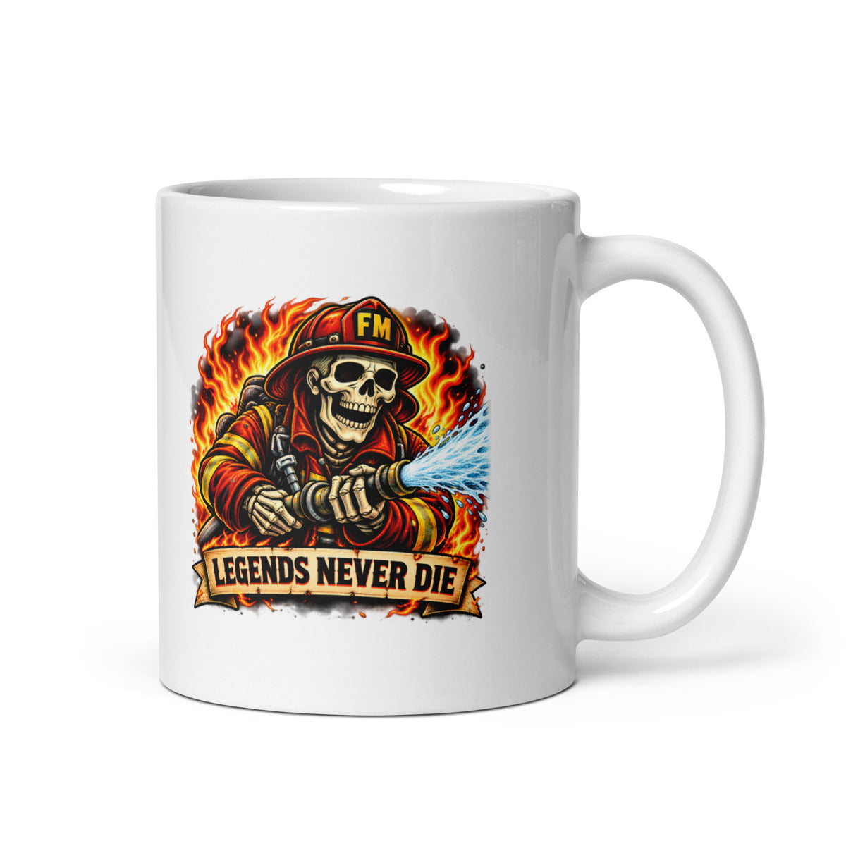 Feuerwehr-Skelett mit Schriftzug "Legends Never Die" – Tasse 11oz