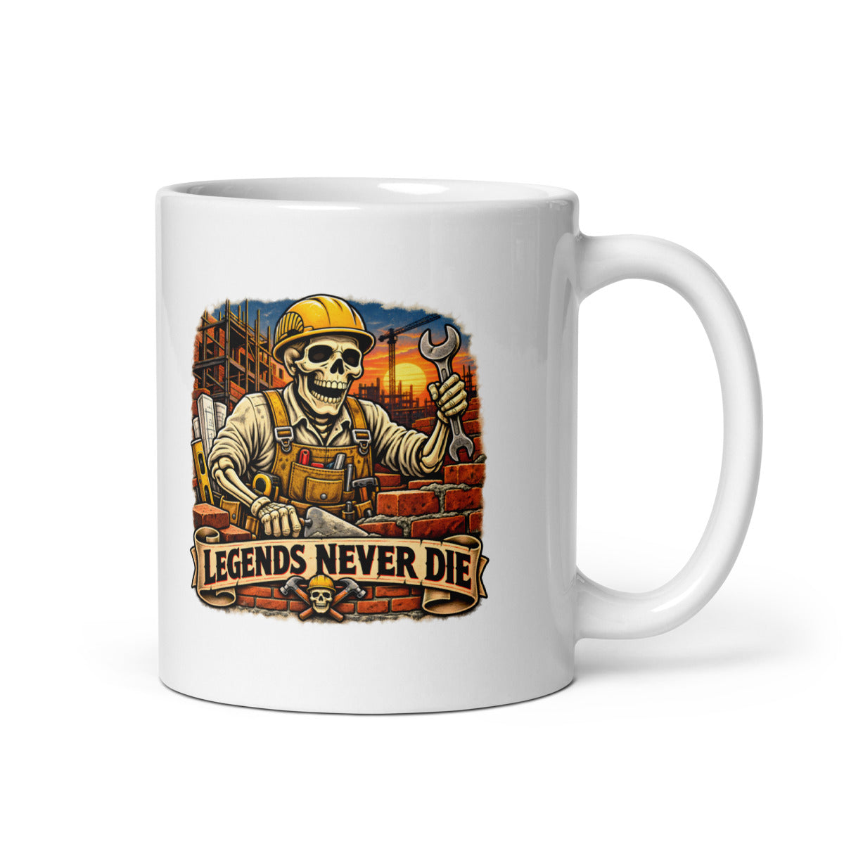Skelett-Bauarbeiter mit Schriftzug "Legends Never Die" – Tasse 11oz