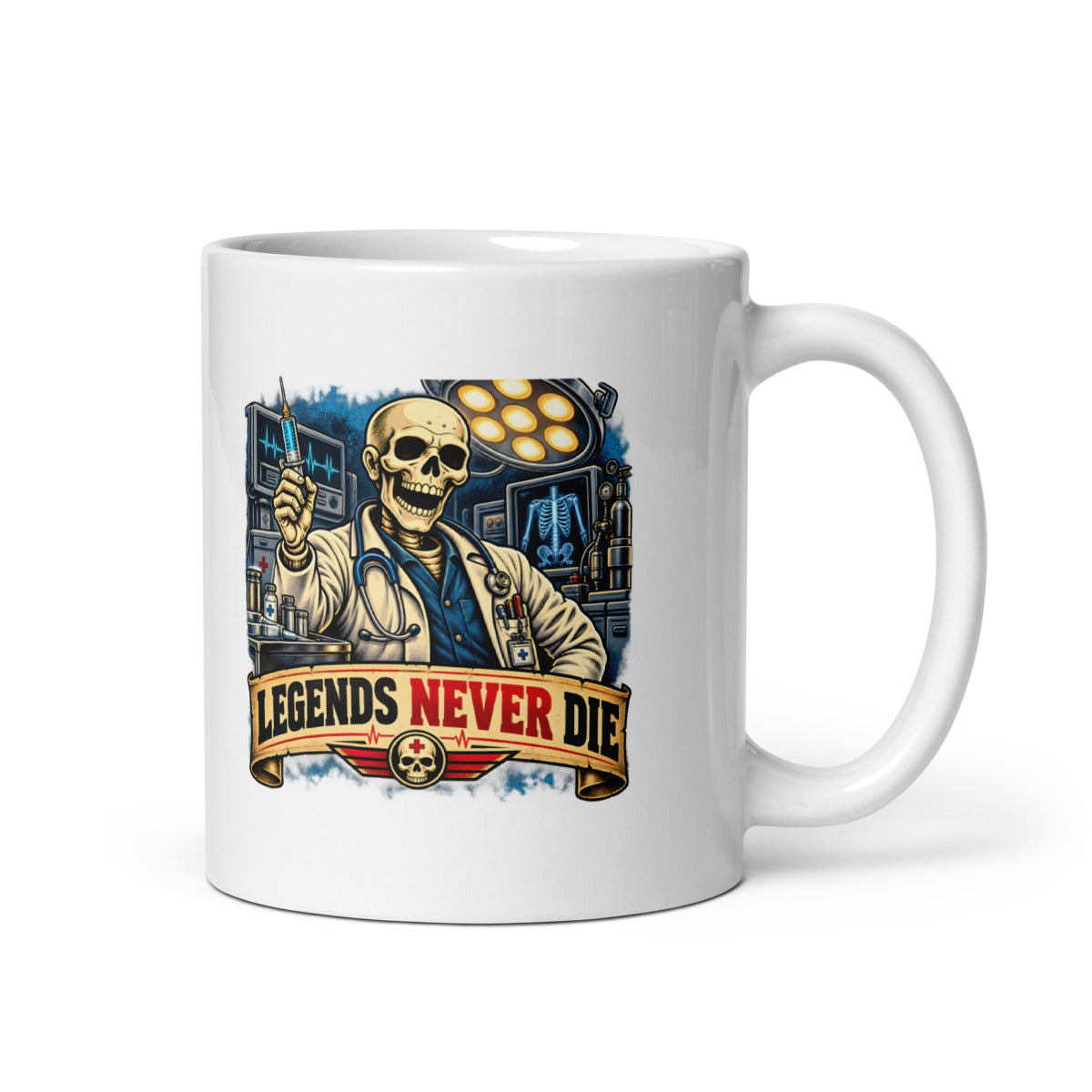 Skelett-Arzt mit Spritze und Schriftzug – Tasse 11oz