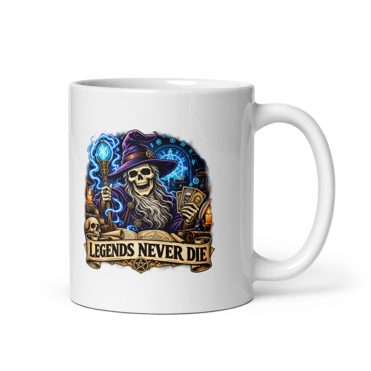 Skelett-Zauberer mit Schriftzug "Legends Never Die" – Tasse 11oz