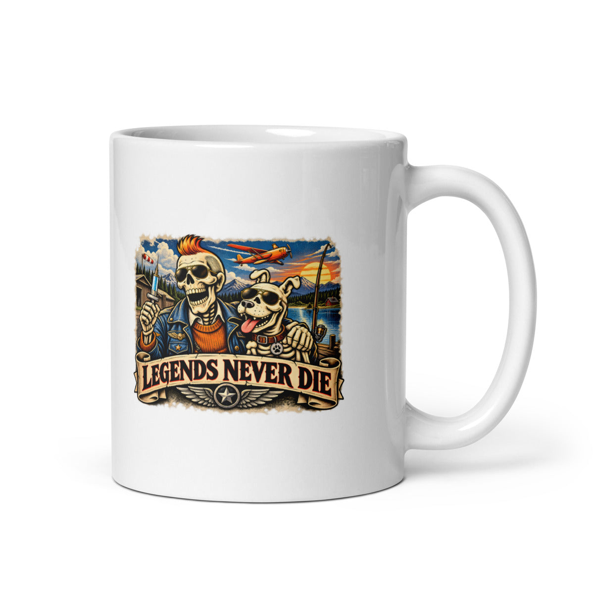 Legends Never Die mit Skelett und Hund – Tasse 11oz